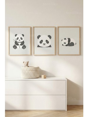 Tontilika Sevimli Panda 3’lü Ahşap Çerçeveli Tablo Seti - Çocuk Odası Minimal Duvar Dekoru