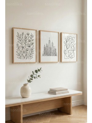 Tontilika Minimal Line Art Çiçek ve Şehir 3’lü Ahşap Çerçeveli Tablo Seti