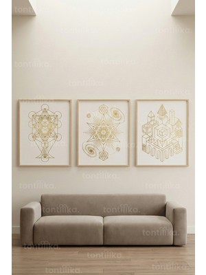 Tontilika Sacred Geometry Gold Line 3’lü Ahşap Çerçeveli Tablo Seti