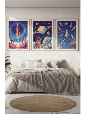 Tontilika Uzay ve Astronot 3’lü Modern Ahşap Çerçeveli Tablo Seti - Yatak Odası Dekoru
