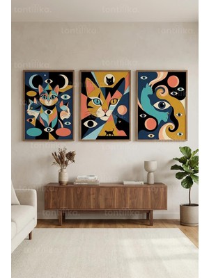 Tontilika Geometrik Soyut Kedi ve Ay Motifli 3’lü Ahşap Çerçeveli Tablo Seti