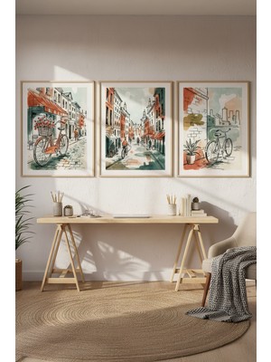 Tontilika Bisiklet ve Şehir Sokakları 3’lü Ahşap Çerçeveli Tablo Seti - Illüstrasyon Çalışma Odası Dekoru