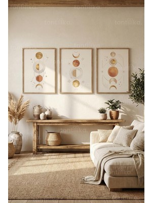 Tontilika Kozmik Ay ve Güneş Sanatı 3’lü Ahşap Çerçeveli Tablo Seti