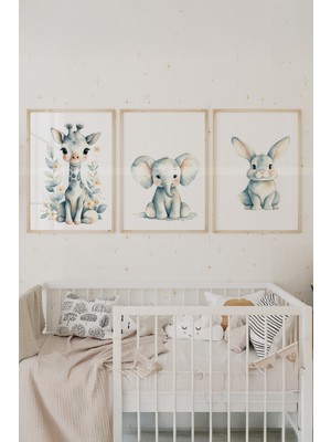 Tontilika Sevimli Hayvanlar 3’lü Ahşap Çerçeveli Dekoratif Tablo Seti – Zürafa, Fil ve Tavşan