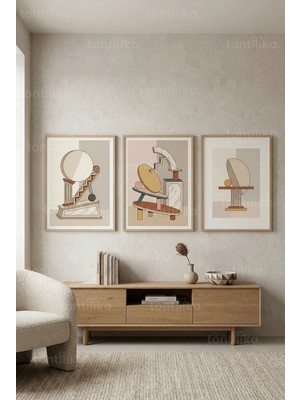 Tontilika Modern Geometrik Sanat 3’lü Ahşap Çerçeveli Tablo Seti