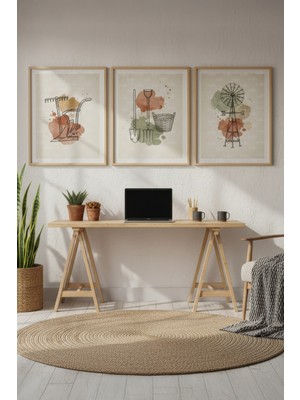 Tontilika Köy Yaşamı 3’lü Ahşap Çerçeveli Tablo Seti - Çalışma Odası Dekoru