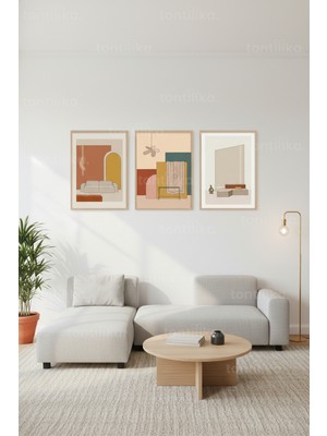 Tontilika Modern Minimalist Yaşamın Soyut Iç Mekanları 3’lü Ahşap Çerçeveli Tablo Seti