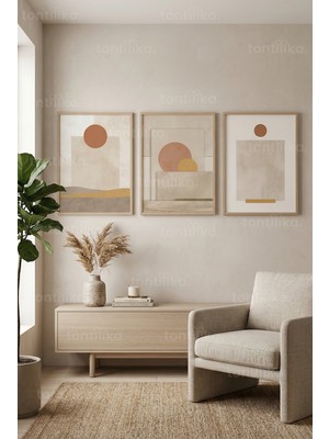 Tontilika Modern Minimalist Doğal Tonlar 3’lü Ahşap Çerçeveli Tablo Seti