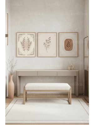 Tontilika Nötr Tonlarda Doğal Yaprak Motifleri 3’lü Ahşap Çerçeveli Tablo Seti