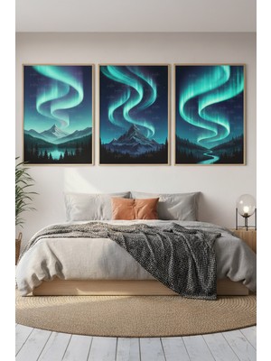 Tontilika Kuzey Işıkları 3’lü Ahşap Çerçeveli Tablo Seti - Yatak Odası Dekoru