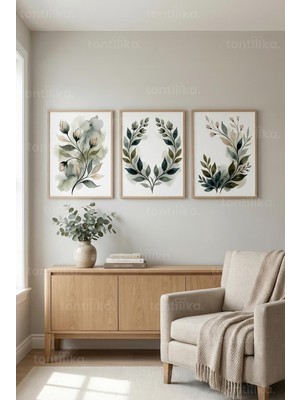 Tontilika Sakin Botanik Yaprakları 3’lü Ahşap Çerçeveli Tablo Seti