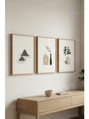 Tontilika Zen Sadelik 3’lü Ahşap Çerçeveli Tablo Seti - Japandi Minimal Duvar Dekoru