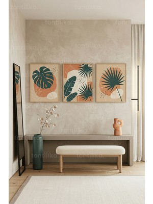 Tontilika Modern Tropikal Yaprak Sanatı 3’lü Ahşap Çerçeveli Tablo Seti