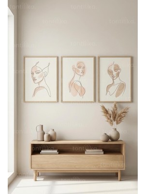 Tontilika Tek Çizgi Soyut Kadın Yüzleri 3’lü Ahşap Çerçeveli Tablo Seti
