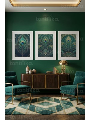 Tontilika Zümrüt Yeşil Art Deco Tavus Kuşu Desenli 3’lü Ahşap Çerçeveli Tablo Seti