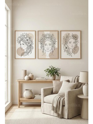Tontilika Doğal Line Art Çiçekli Kadın Portreleri 3’lü Ahşap Çerçeveli Tablo Seti