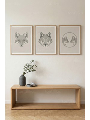 Tontilika Geometrik Kurtlar 3’lü Ahşap Çerçeveli Tablo Seti - Modern Minimal Duvar Dekoru