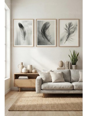 Tontilika Minimalist Tüy Temalı 3’lü Ahşap Çerçeveli Tablo Seti
