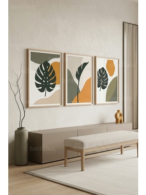 Tontilika Doğal Soyut Yaprak Motifleri 3’lü Ahşap Çerçeveli Tablo Seti