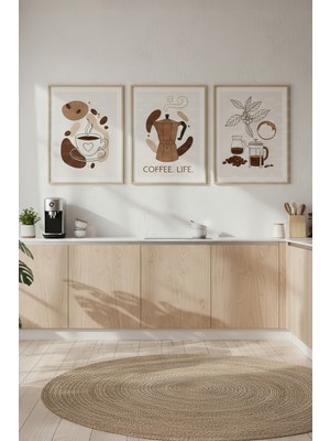 Tontilika Minimalist Kahve Illüstrasyonu 3’lü Ahşap Çerçeveli Tablo Seti