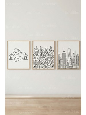 Tontilika Çizgisel Denge 3’lü Ahşap Çerçeveli Tablo Seti