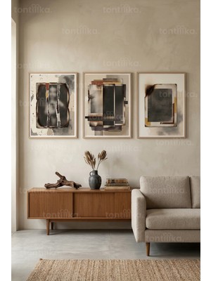Tontilika Soyut Dokular ve Geometrik Formlar 3’lü Ahşap Çerçeveli Tablo Seti