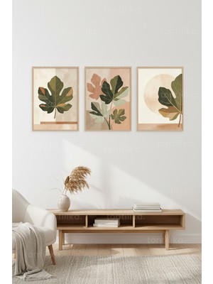 Tontilika Modern Botanik Yapraklar Temalı 3’lü Ahşap Çerçeveli Tablo Seti