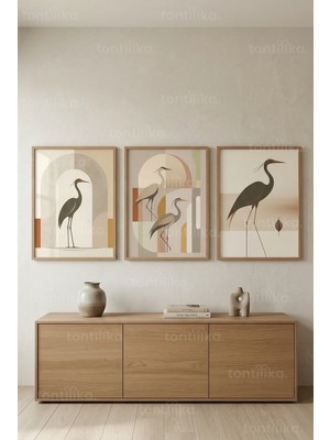 Tontilika Modern Doğal Kuş Sanatı 3’lü Ahşap Çerçeveli Tablo Seti