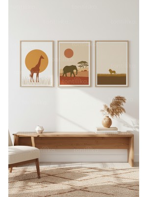 Tontilika Afrika Safari Minimalist Hayvan Temalı 3’lü Ahşap Çerçeveli Tablo Seti