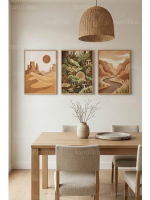 Tontilika Doğa Manzaraları 3’lü Ahşap Çerçeveli Tablo Seti – Toprak Tonlu Duvar Dekoru