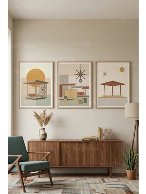 Tontilika Mid-Century Modern Soyut Geometrik Mimari 3’lü Ahşap Çerçeveli Tablo Seti