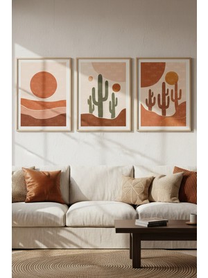 Tontilika Kaktüs ve Çöl Manzaralı 3’lü Modern Ahşap Çerçeveli Tablo Seti - Salon Dekoru
