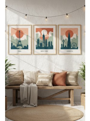 Tontilika Paris New York Londra 3’lü Ahşap Çerçeveli Tablo Seti - Modern Duvar Dekoru