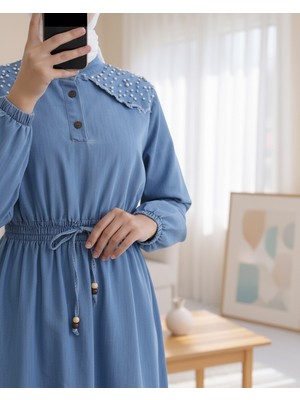 Moda Morfo Omuzu İncili Beli Lastikli Parçalı Uzun Kot Elbise -Buz Mavi