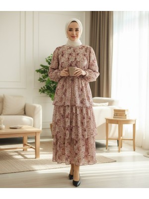 Midlora Çiçek Desenli Astarlı Şifon Tesettür Elbise