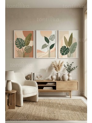 Tontilika Modern Botanik Soyut Formlar 3’lü Ahşap Çerçeveli Tablo Seti