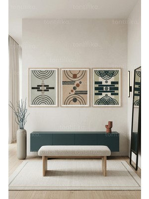 Tontilika Modern Geometrik Soyut Desenler 3’lü Ahşap Çerçeveli Tablo Seti