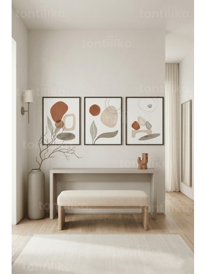 Tontilika Toprak Tonlarında Bohem Minimalist 3’lü Ahşap Çerçeveli Tablo Seti