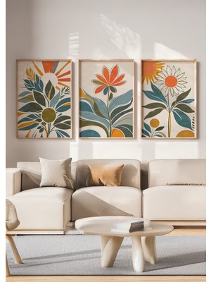 Tontilika Retro Çiçek Desenli 3 Parçalı Ahşap Çerçeveli Tablo Seti