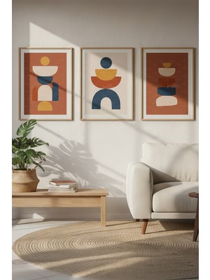 Tontilika Boho Geometrik Soyut Şekiller 3 Parçalı Ahşap Çerçeveli Tablo Seti