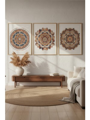 Tontilika Boho Mandala Desenli 3’lü Ahşap Çerçeveli Tablo Seti