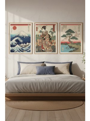 Tontilika Japon Ukiyo-E Klasik Sanat 3’lü Ahşap Çerçeveli Tablo Seti