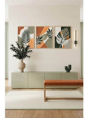 Tontilika Modern Botanik Soyut Sanat 3’lü Ahşap Çerçeveli Tablo Seti