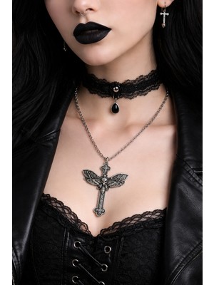 Herşey Nota Gotik Haç Kurukafa Metal Kolye Unisex Gümüş Renk 60 cm Zincir