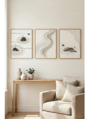 Tontilika Sakin ve Minimalist Zen Bahçesi 3’lü Ahşap Çerçeveli Tablo Seti