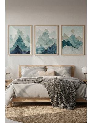Tontilika Mavi Dağ Manzarası Temalı 3’lü Ahşap Çerçeveli Tablo Seti - Yatak Odası Dekoru
