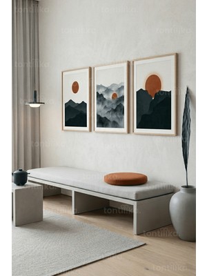 Tontilika Minimalist Dağ ve Gün Batımı 3’lü Ahşap Çerçeveli Tablo Seti
