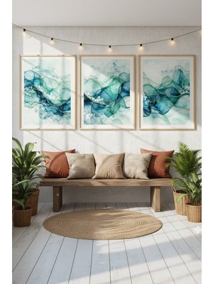 Tontilika Mavi ve Yeşil Soyut Doku Temalı 3’lü Ahşap Çerçeveli Tablo Seti - Modern Dekor
