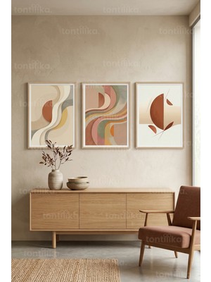 Tontilika Sakin Toprak Tonlarında Modern Soyut Sanat 3’lü Ahşap Çerçeveli Tablo Seti