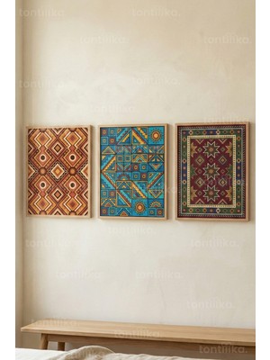 Tontilika Etnik Geometrik Desenler 3’lü Ahşap Çerçeveli Tablo Seti